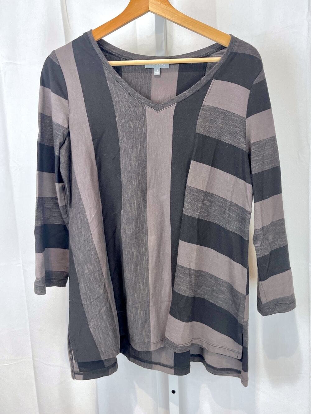 HABITAT Striped V-Neck Top 3/4 Sleeve Pullover Cotton Knit Taupe Brown Gray S